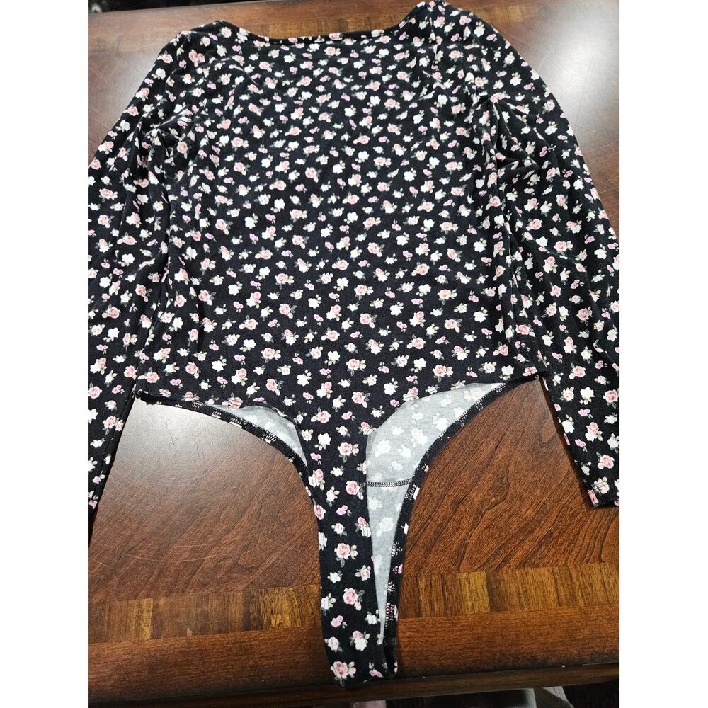 PINK Victoria’s Secret Dark Floral Bodysuit Long Sleeve Black Pink Women’s M - Picture 5 of 5